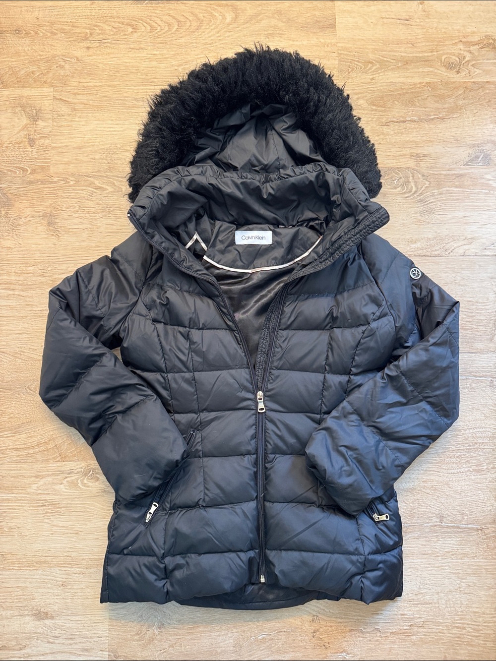 Calvin Klein Black Quilted Puffer Jacket with Faux Fur Hood Trim